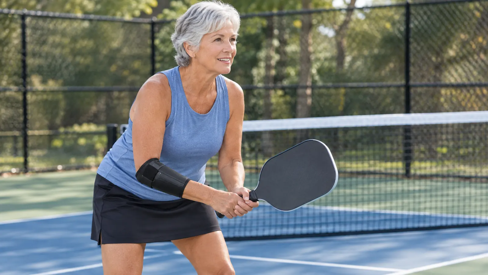 A woman in her sixties wearing a black counterforce elbow brace while holding a pickleball paddle at the kitchen line