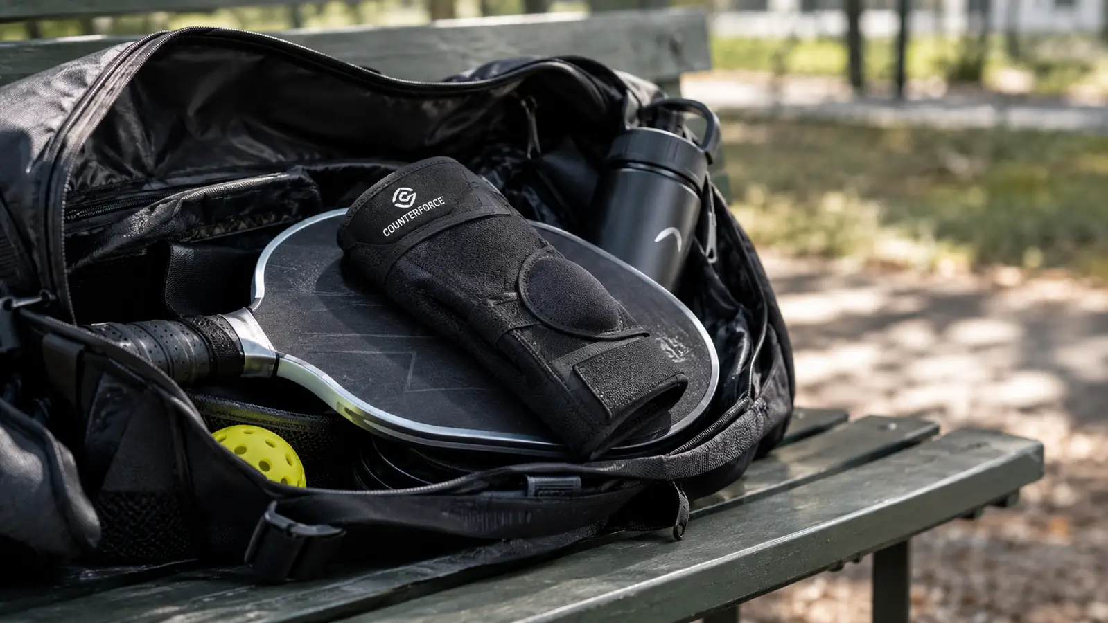 A pickleball bag on a bench with a black elbow brace, a water bottle, and a paddle visible in the main pocket