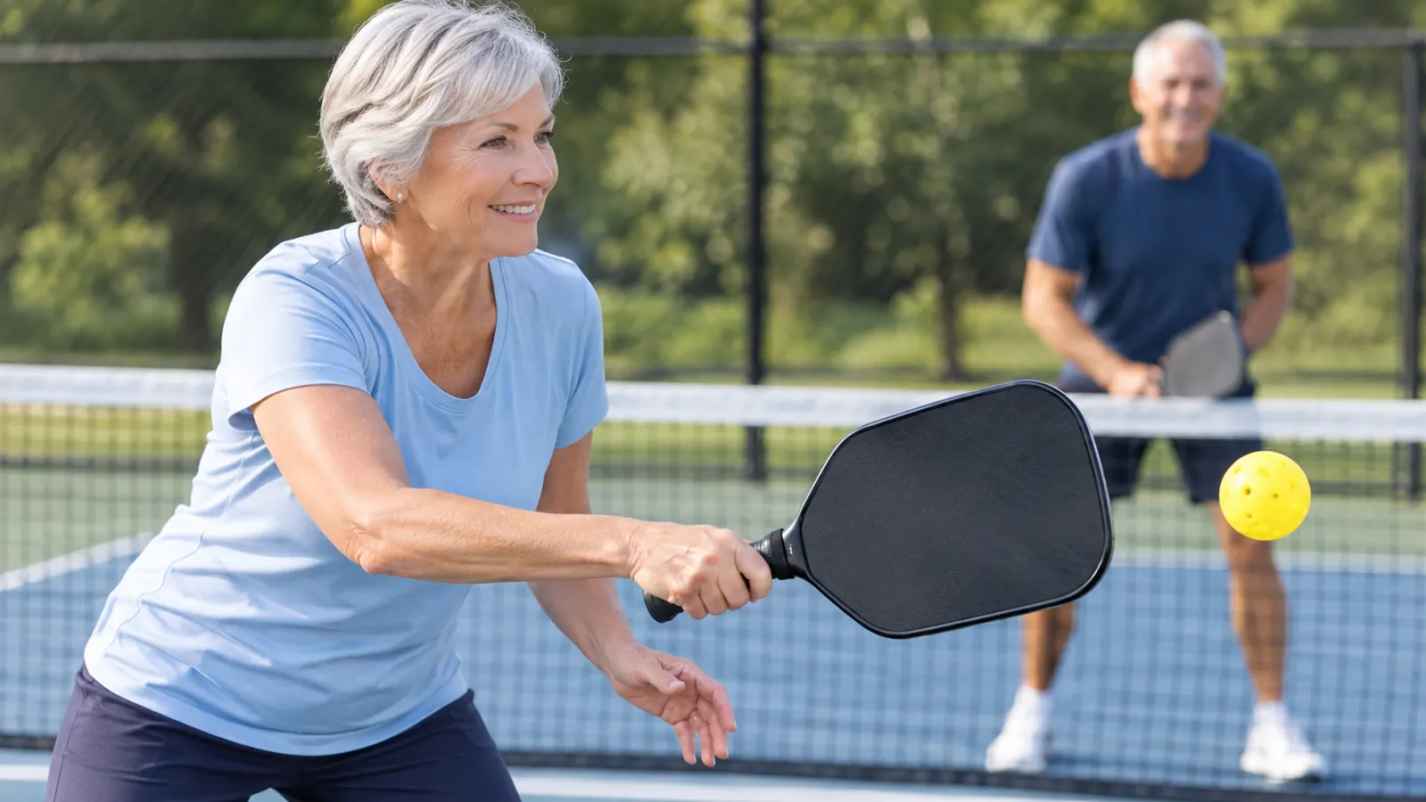 A player's hand gripping a pickleball paddle in the middle of a forehand swing near the kitchen line