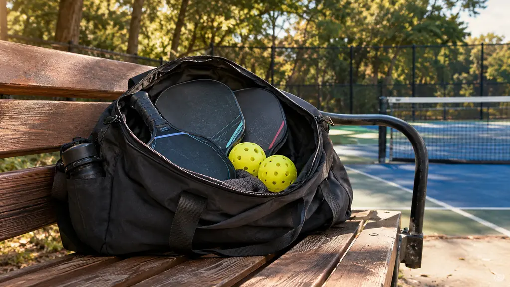 An equipment bag unzipped on a park bench holding two pickleball paddles and a few balls