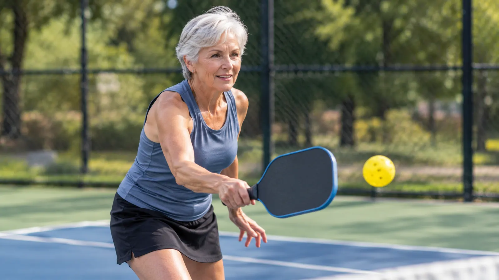 A woman in her sixties at the kitchen line swinging a pickleball paddle, ball in flight toward the opposite court on an outdoor park court