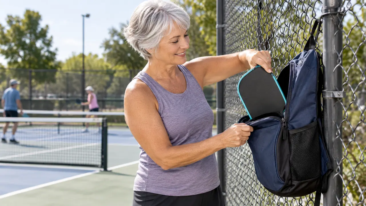 A woman in her sixties reaching into a pickleball bag hanging from a fence to pull out a paddle between games