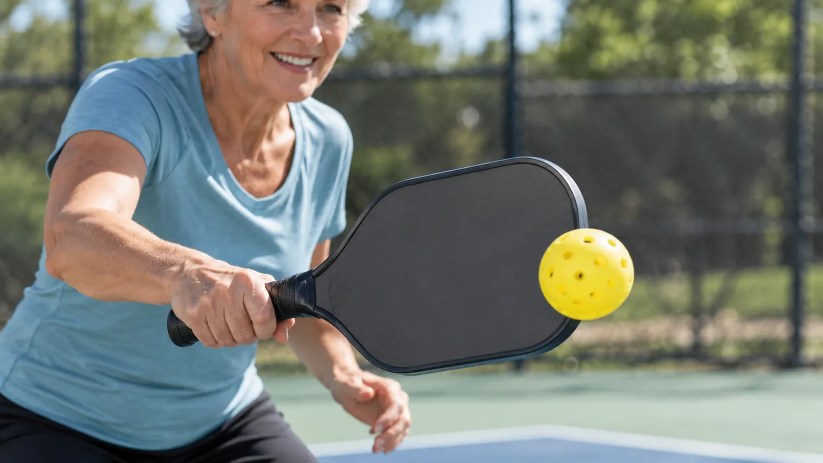 Close view of a pickleball just leaving a paddle face, frozen in the air above the kitchen line on a park court.