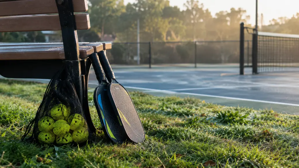 A park bench with a mesh bag full of pickleballs and two paddles leaning against it in soft morning light.
