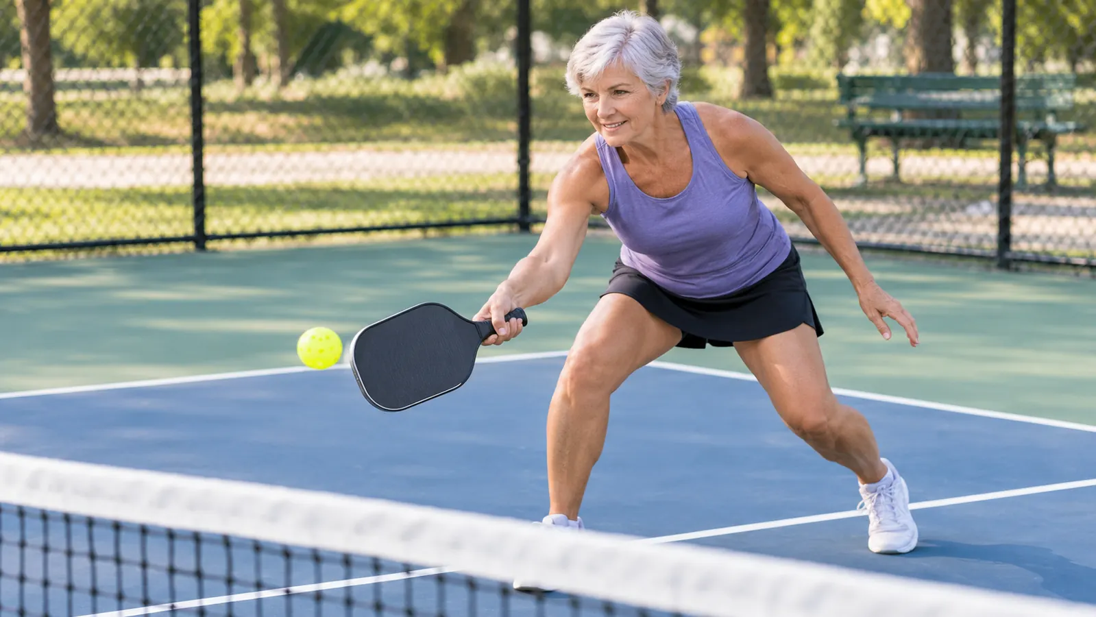 A woman in her sixties in a low stance at the kitchen line reaching to hit the ball during a doubles game