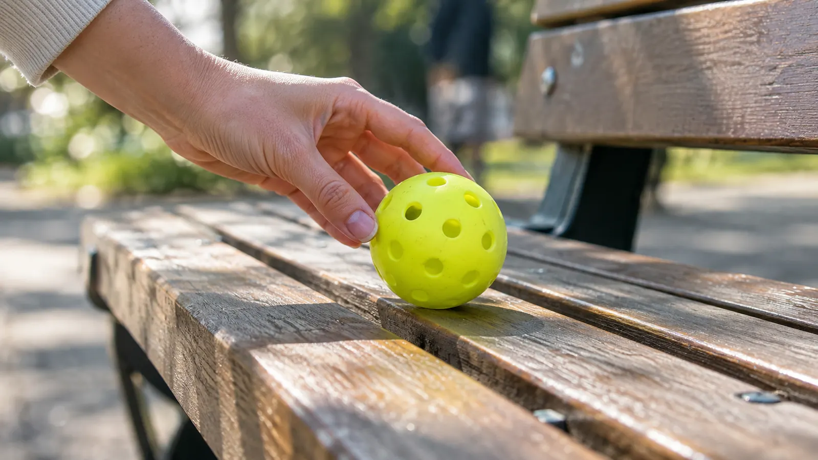 A hand rolling a pickleball along a wooden park bench to check whether the seam wobbles