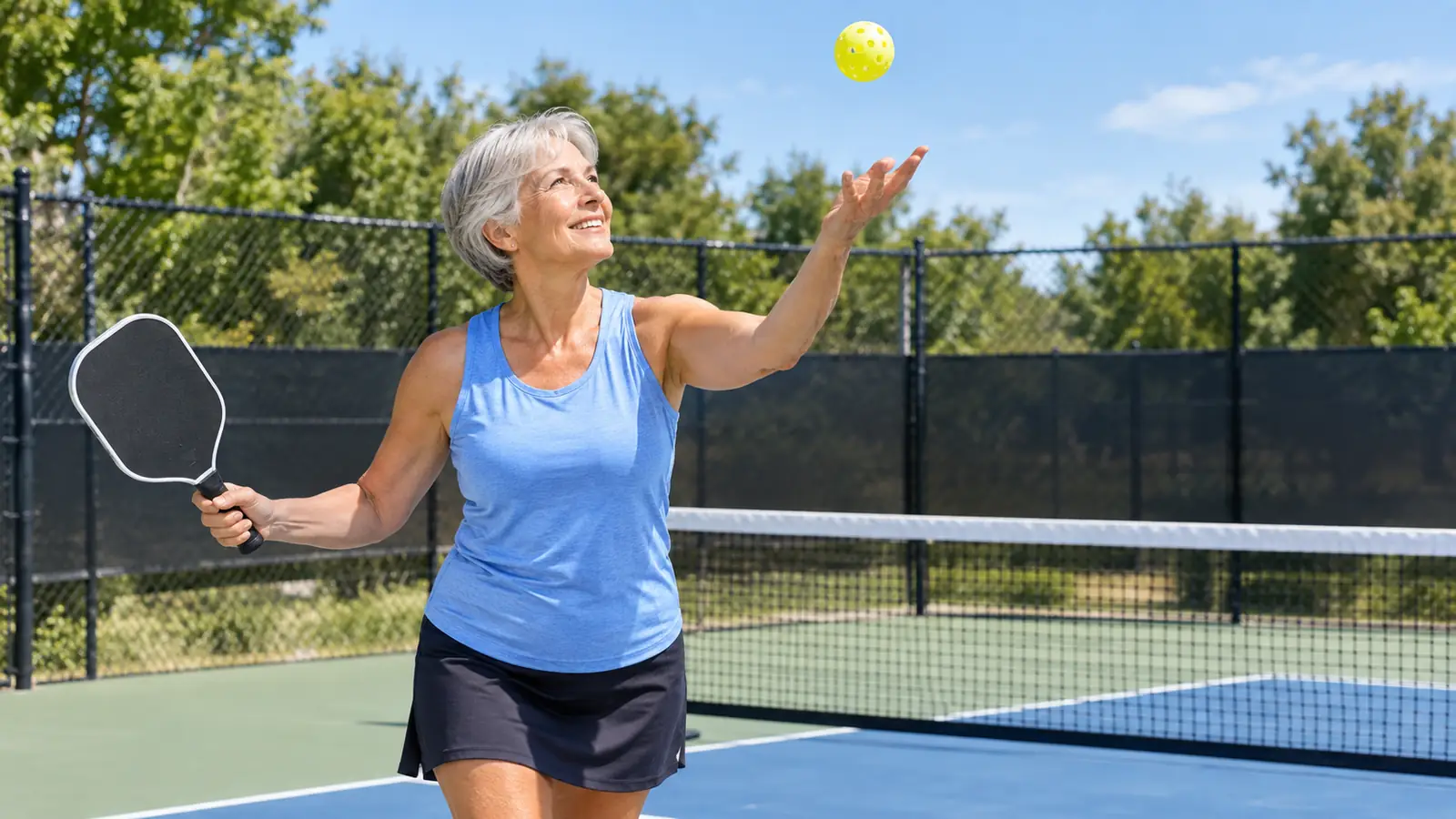 A player mid-serve on a park pickleball court with the ball in the air over the net