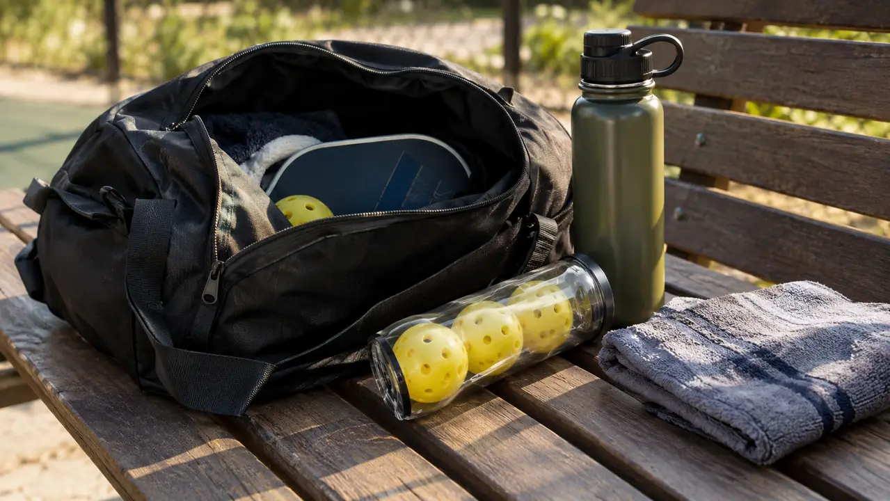An open gear bag on a park bench with a sleeve of three pickleballs beside a water bottle and a towel