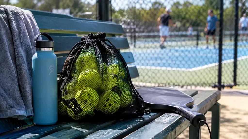 A mesh bag of outdoor pickleballs rests on a park bench between games, a water bottle beside it and courts behind