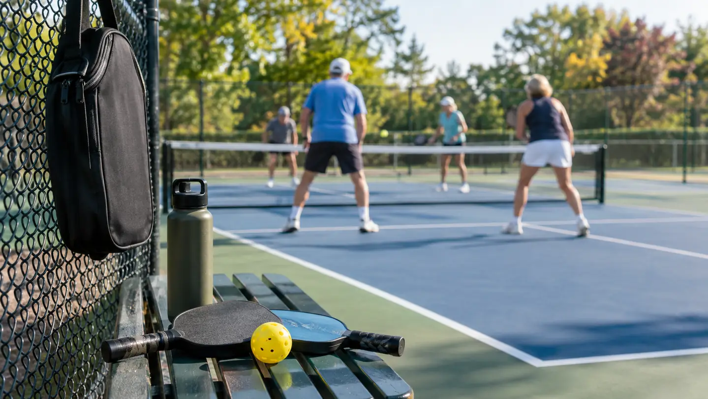 Two pickleball paddles and a yellow outdoor ball on a courtside bench, a paddle bag hanging on the fence and a doubles game in the background