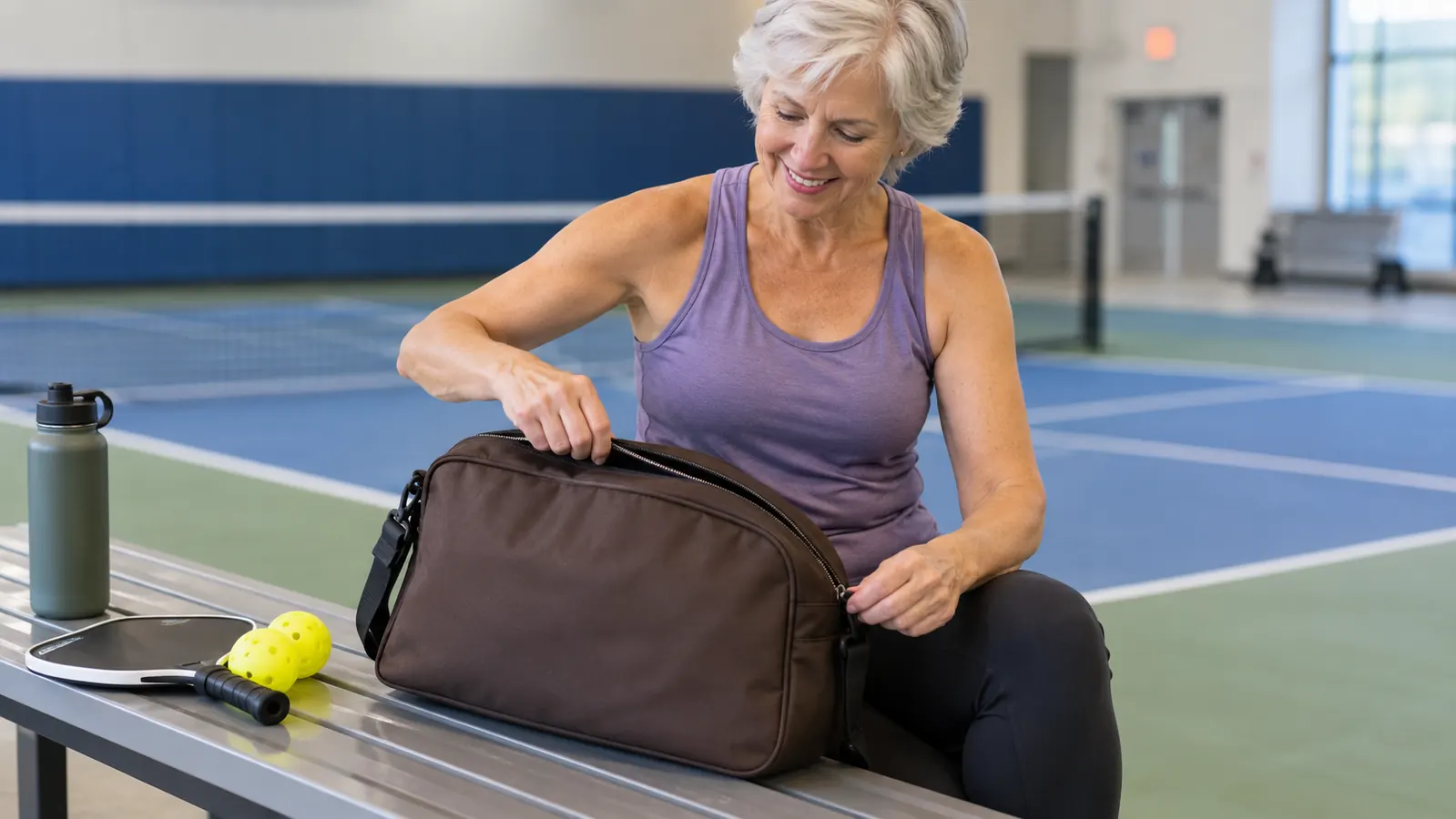 A woman in her sixties unzipping a pickleball bag on a bench at an indoor rec center