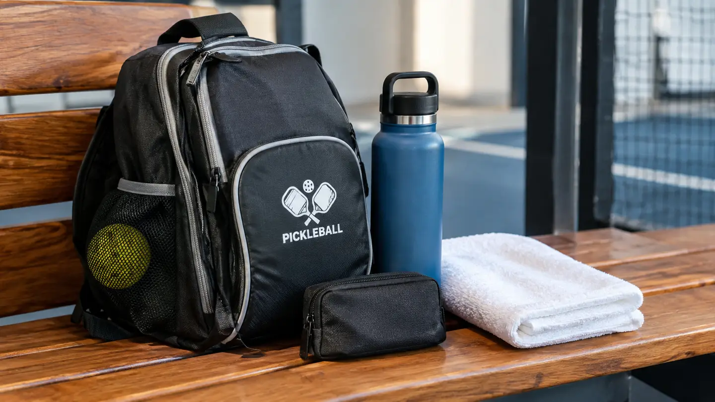 A tidy pickleball bag on a bench with a water bottle, towel, and a small zippered pouch beside it
