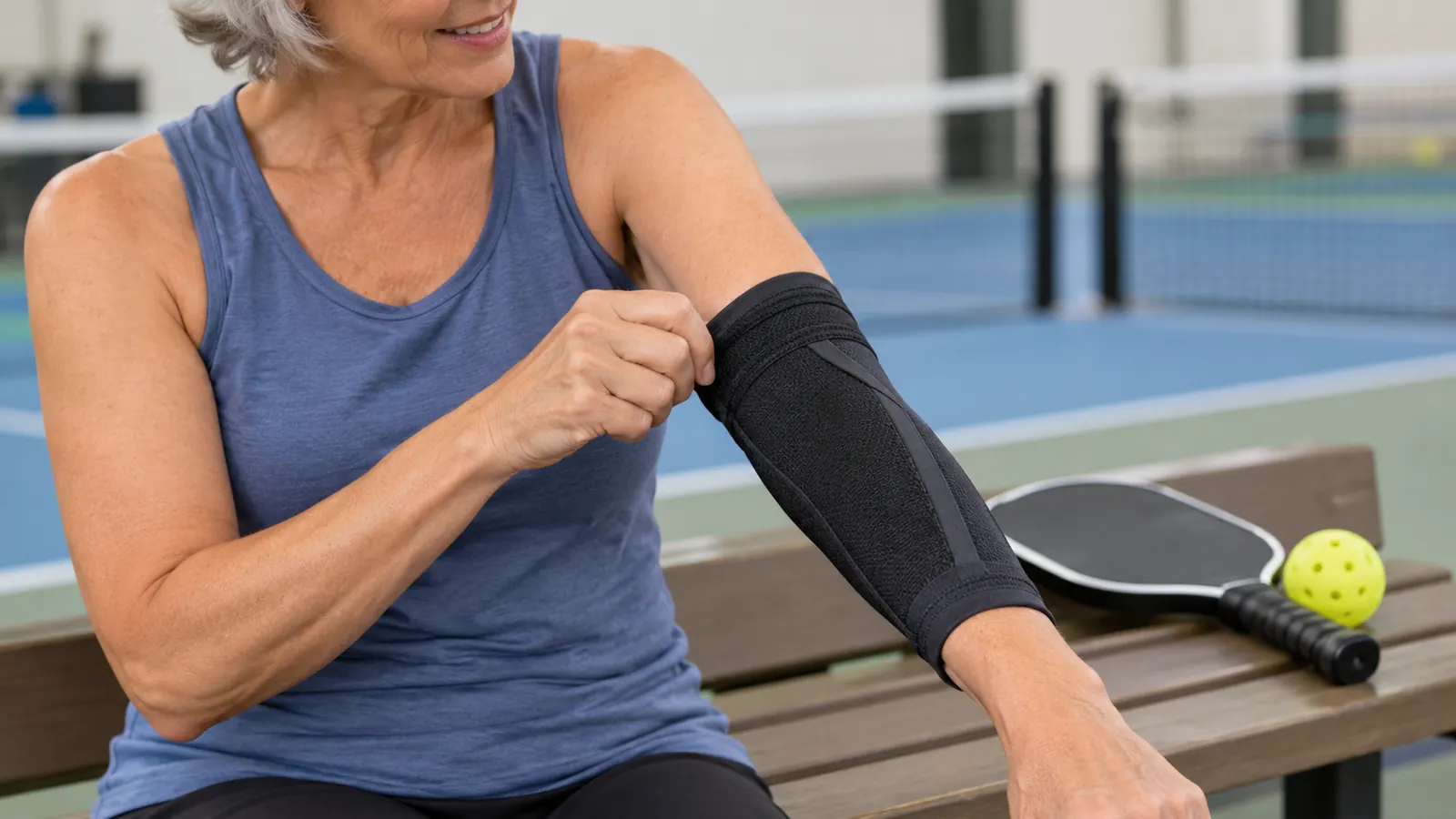 A hand sliding a compression elbow brace up the forearm before a game, pickleball paddle resting on the bench beside it