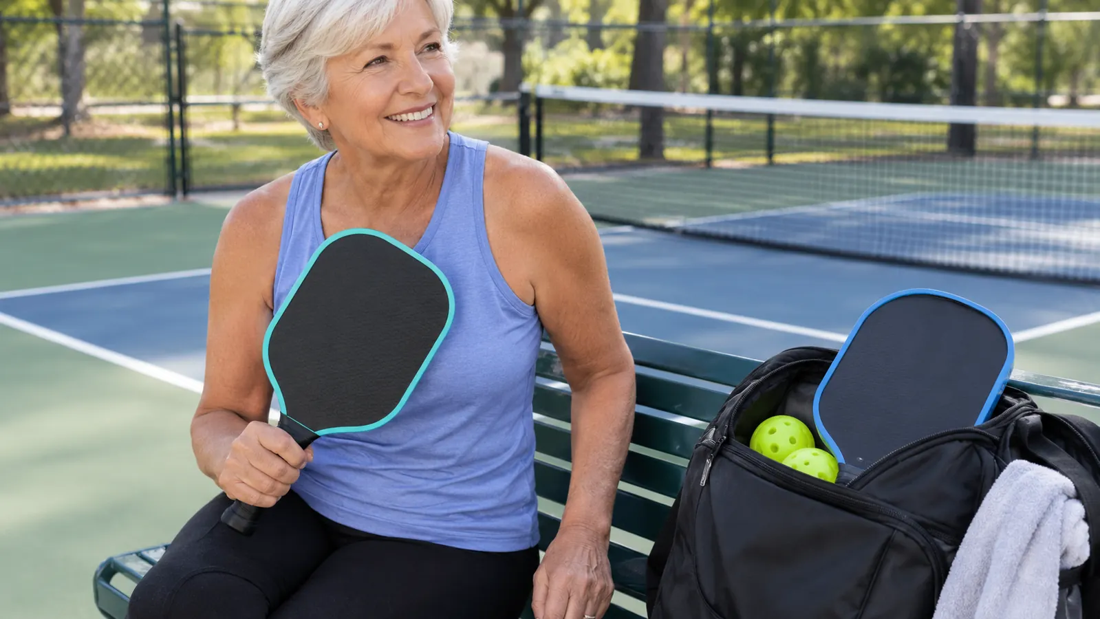 Two pickleball paddles from the MTEN set leaning against a court bag on a bench beside the courts