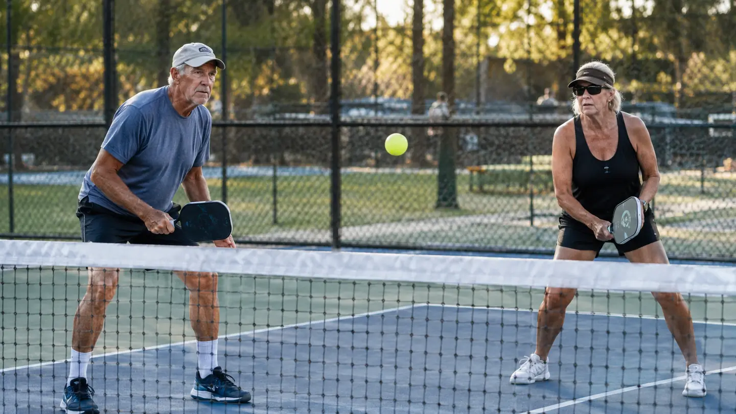 Two players at the kitchen line during a friendly doubles point, ball in the air between them