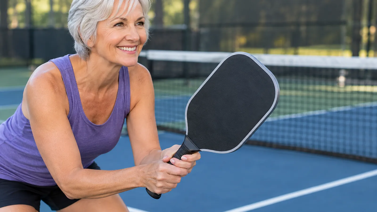 Hand gripping a paddle handle on a court