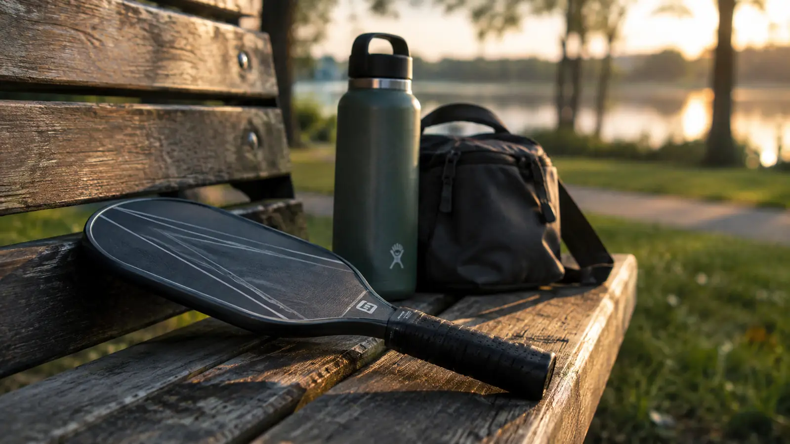 Paddle resting on a wooden bench beside a water bottle