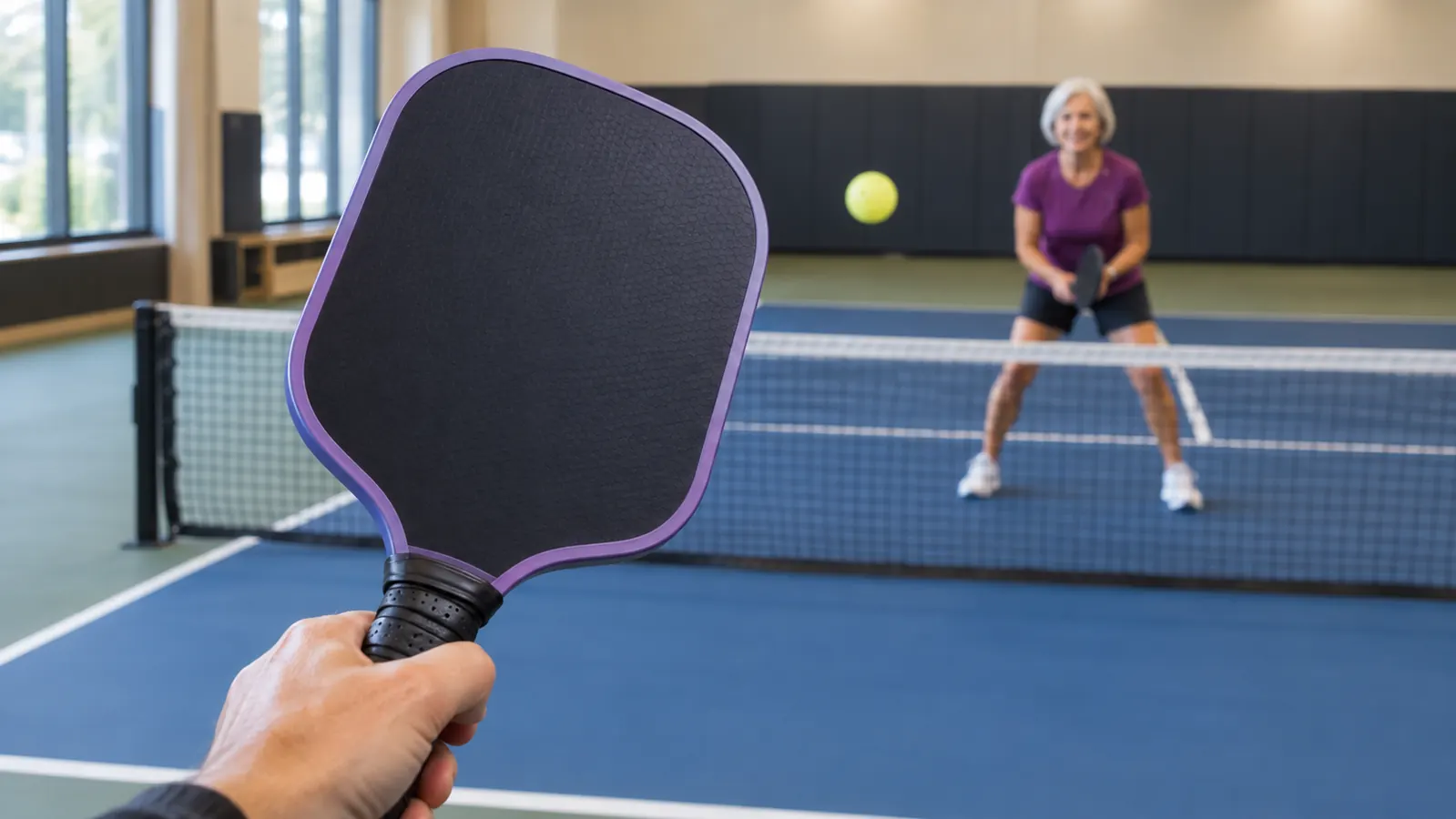 Close view of a pickleball player's hand on a paddle grip between points at an indoor rec center court