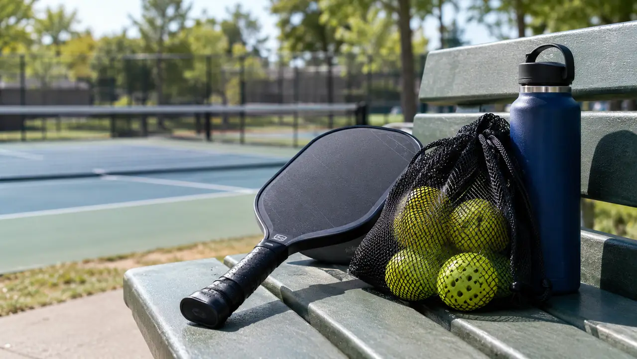 A pickleball paddle and a mesh ball bag resting on a park bench on a bright morning
