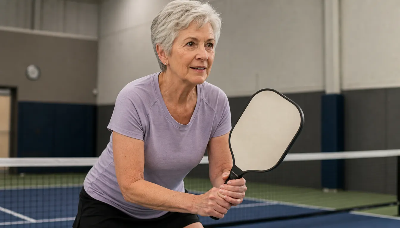 A woman in her sixties holding a pickleball paddle ready at the kitchen line on an indoor court