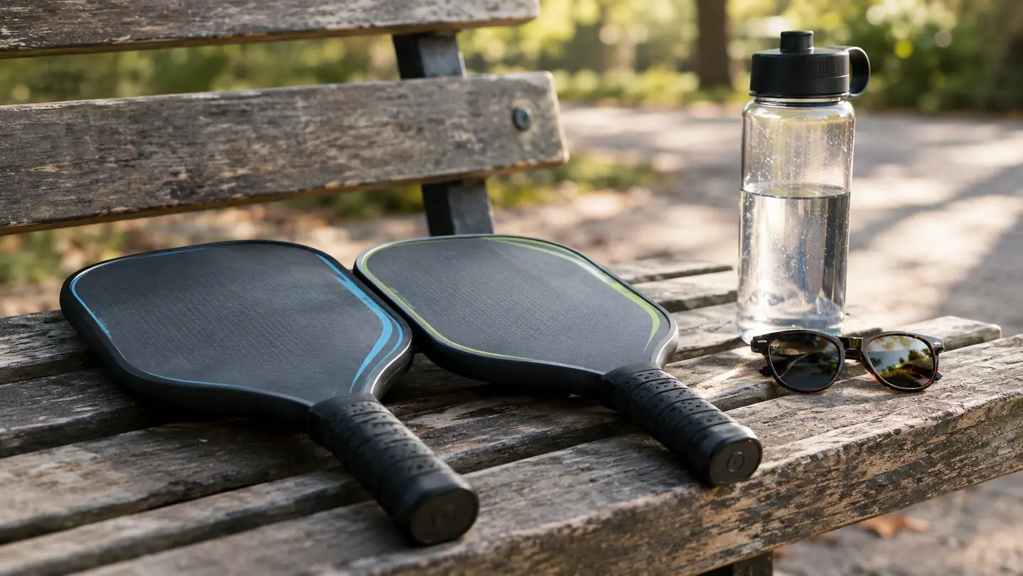 Two pickleball paddles resting on a wooden park bench with a water bottle and sunglasses beside them