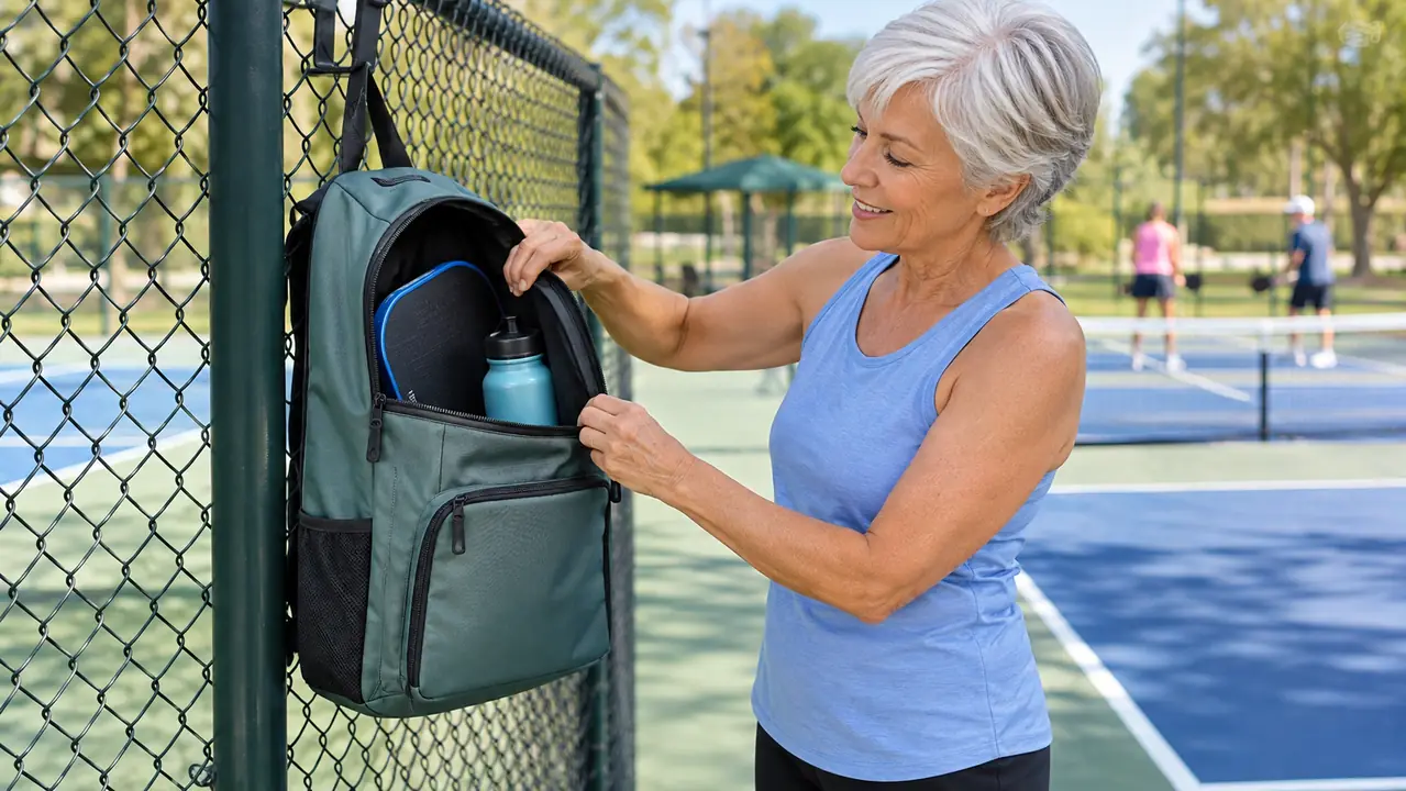 A woman in her sixties unzipping a large pickleball bag hanging from a fence hook at the court, paddles and water bottle visible inside