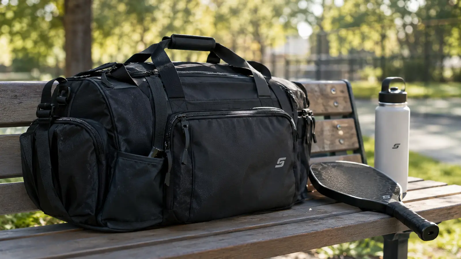 A large sports bag with several outer pockets resting on a bench beside a pickleball paddle and a water bottle