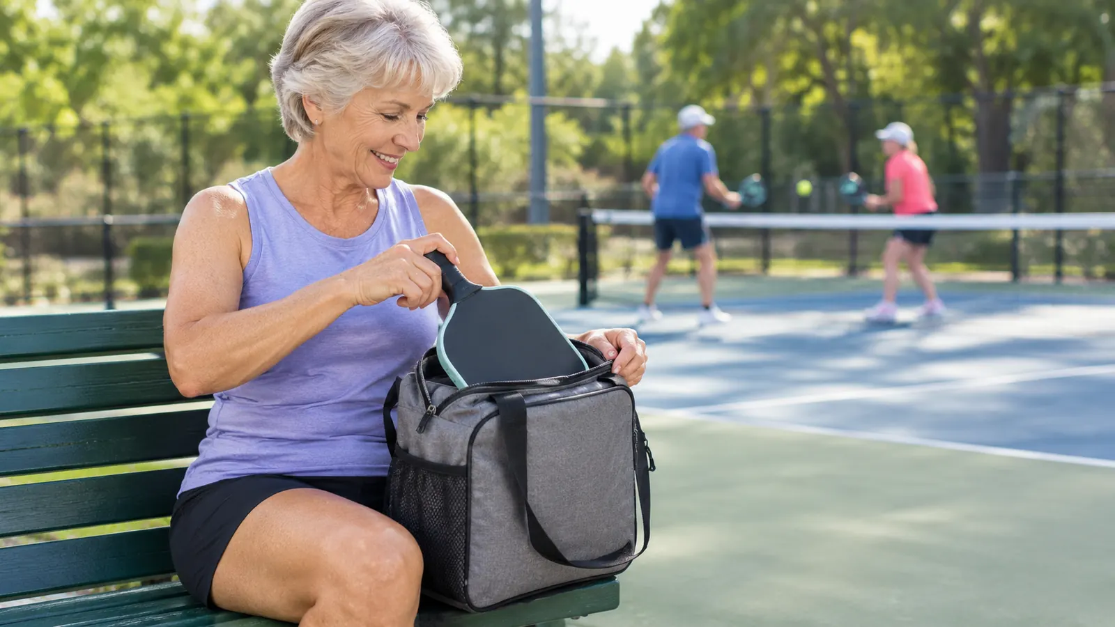 a woman in her sixties pulling a paddle from the main compartment of a pickleball bag sitting on a park bench