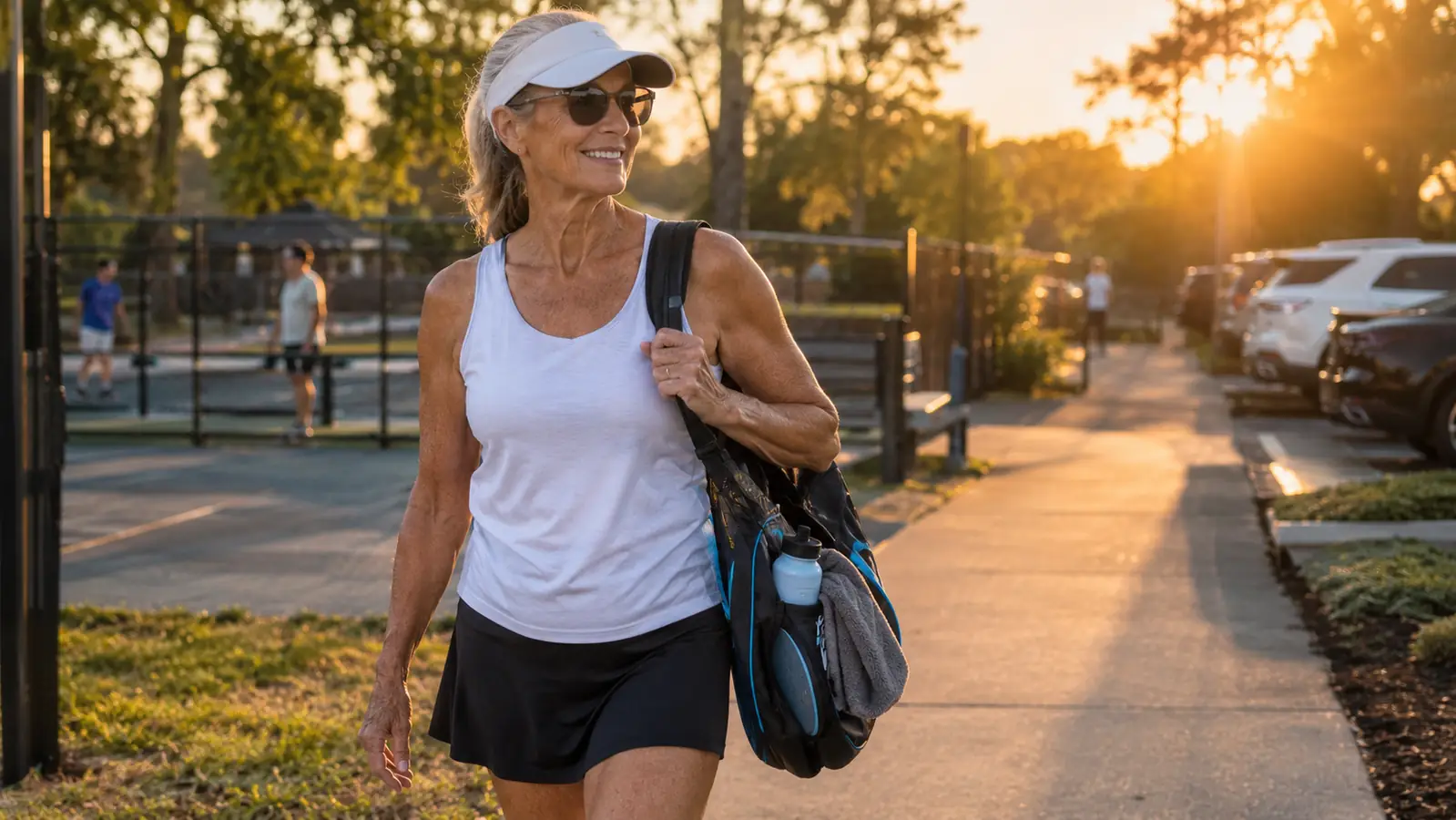 a woman in her sixties walking off the court at golden hour with a loaded pickleball bag over one shoulder