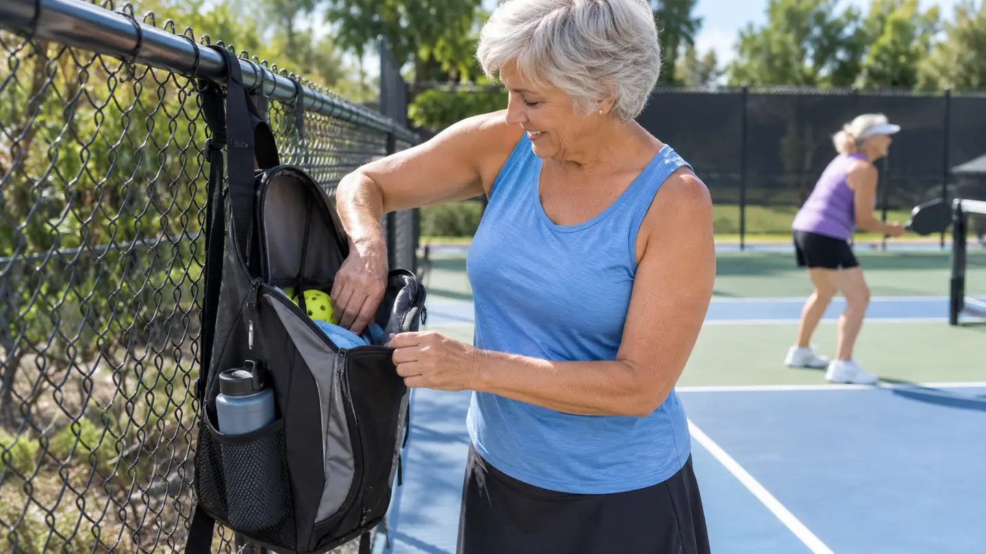 Woman in her sixties reaching into a pickleball bag hanging on a court fence.