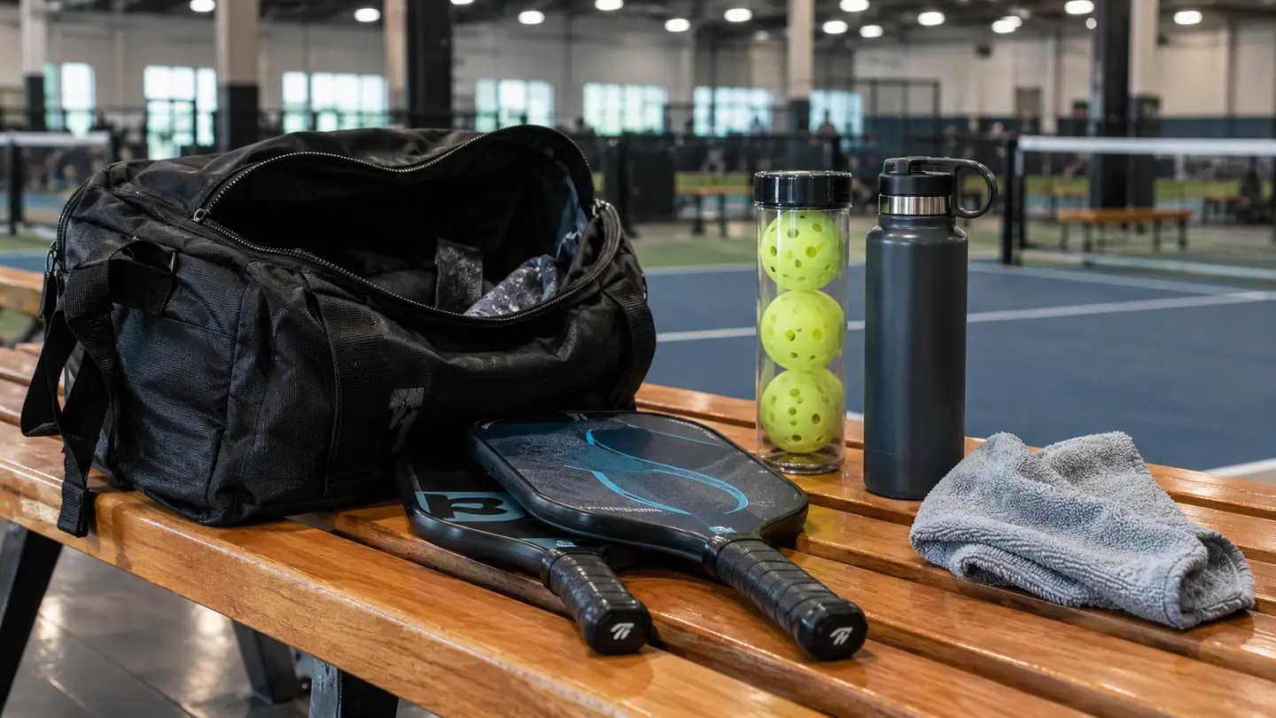 Open pickleball bag on a bench with paddles, a tube of balls, a water bottle, and a towel beside it.