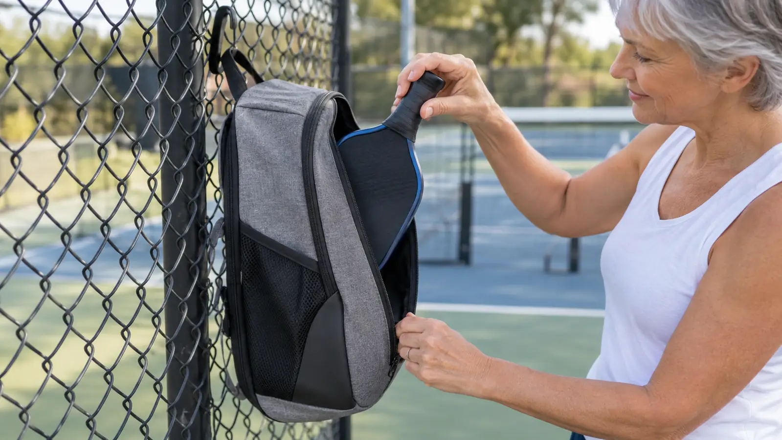 Hand unzipping the main compartment of a court bag hanging on a fence and pulling out a pickleball paddle.