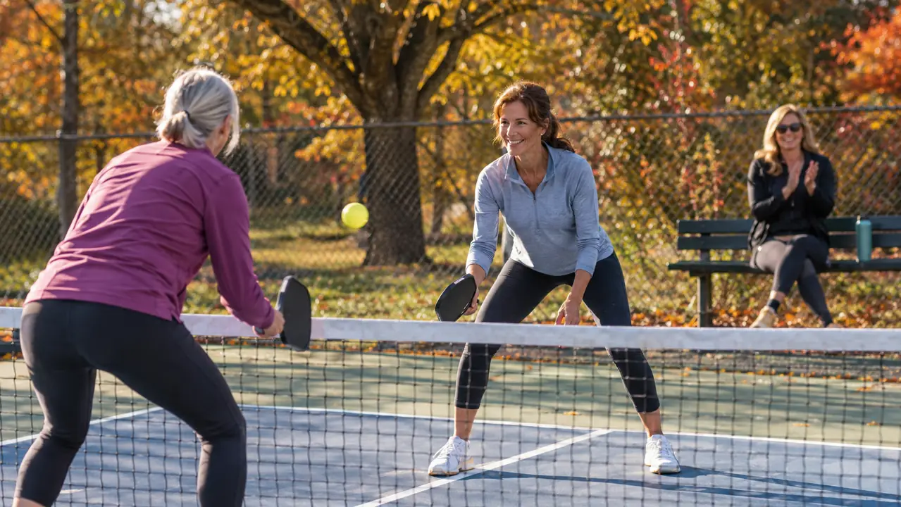Two players rallying at the kitchen line on a neighborhood pickleball court while a third woman watches from the sideline.