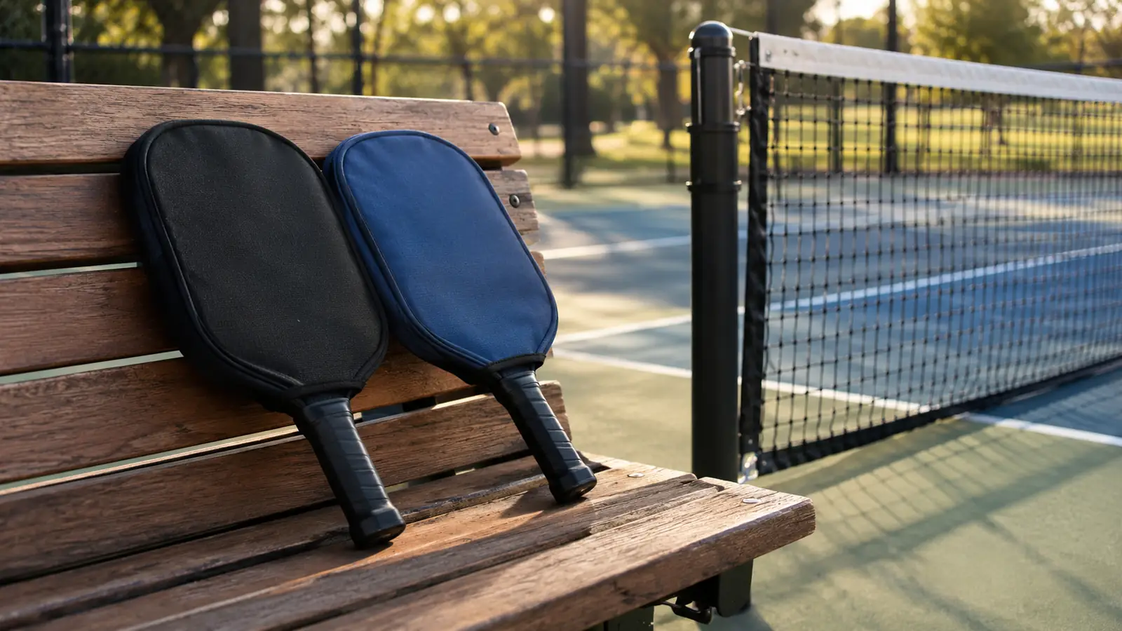 Two paddles resting in their protective covers on a bench beside a net at a park court