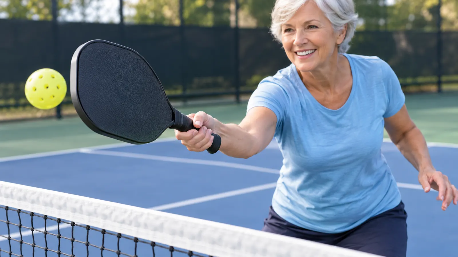 Close-up of a hand holding the paddle in ready position at the net