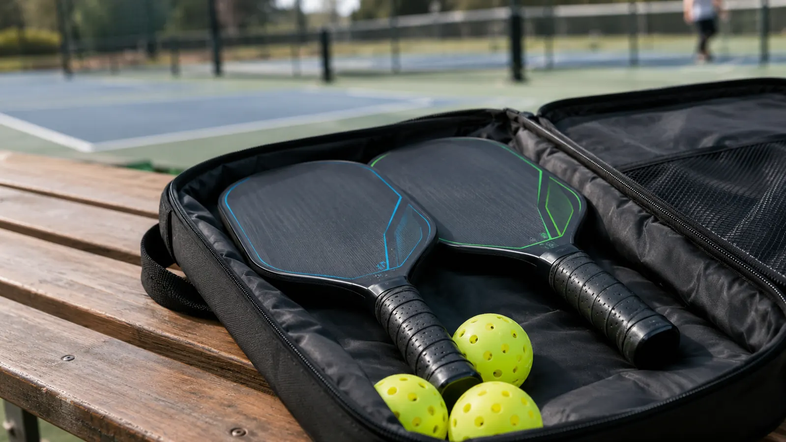Two paddles in an open carrying case on a park bench, outdoor court in background