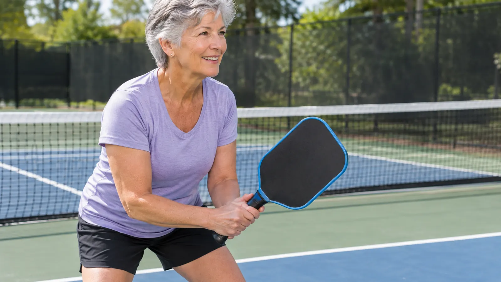A hand holding a paddle over a pickleball court, ready to serve