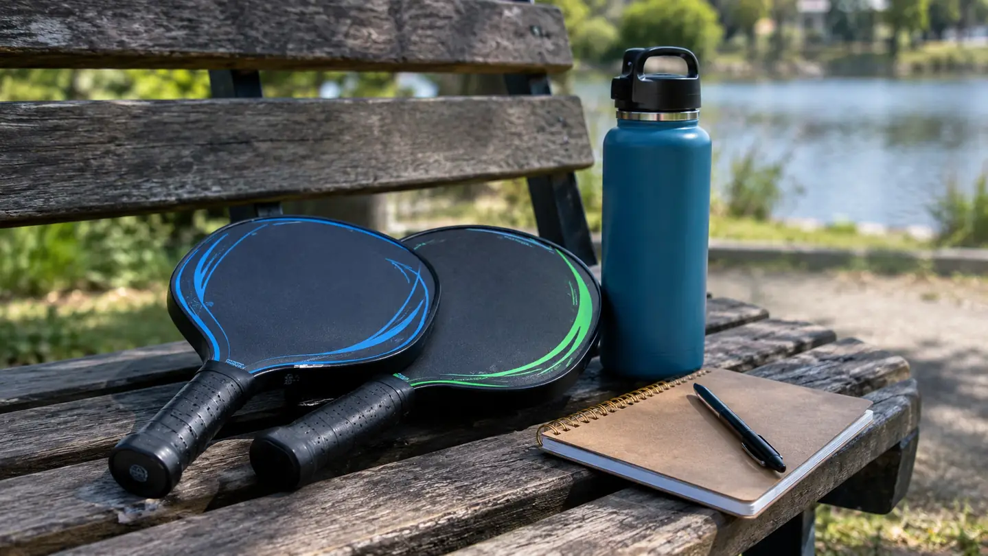 Two paddles resting on a bench next to a water bottle and a small notebook