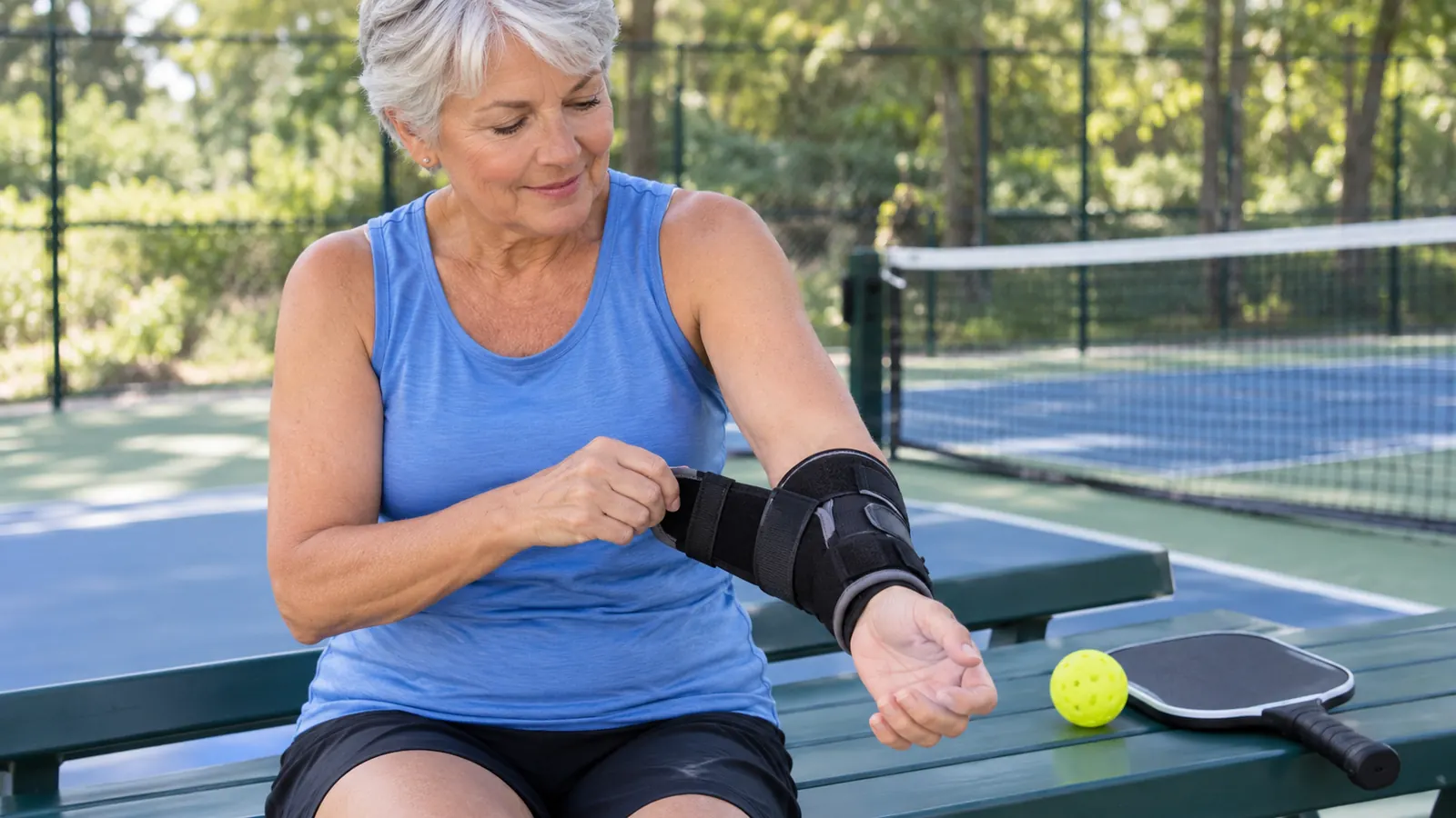A woman in her sixties pulling a compression elbow brace over her forearm before a game, paddle on the bench beside her