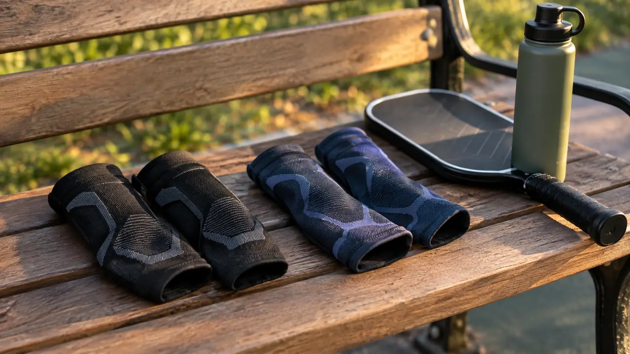 Two pairs of compression elbow braces lying on a wooden bench next to a pickleball paddle and a water bottle