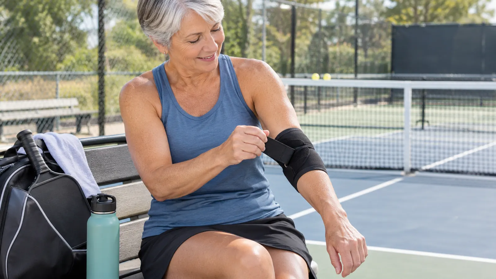 A player sitting on a bench during a water break, tightening a strap-style elbow brace around her forearm