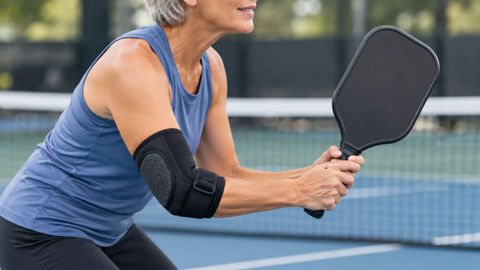 Close up of a woman's forearm wearing an elbow brace while holding a pickleball paddle.