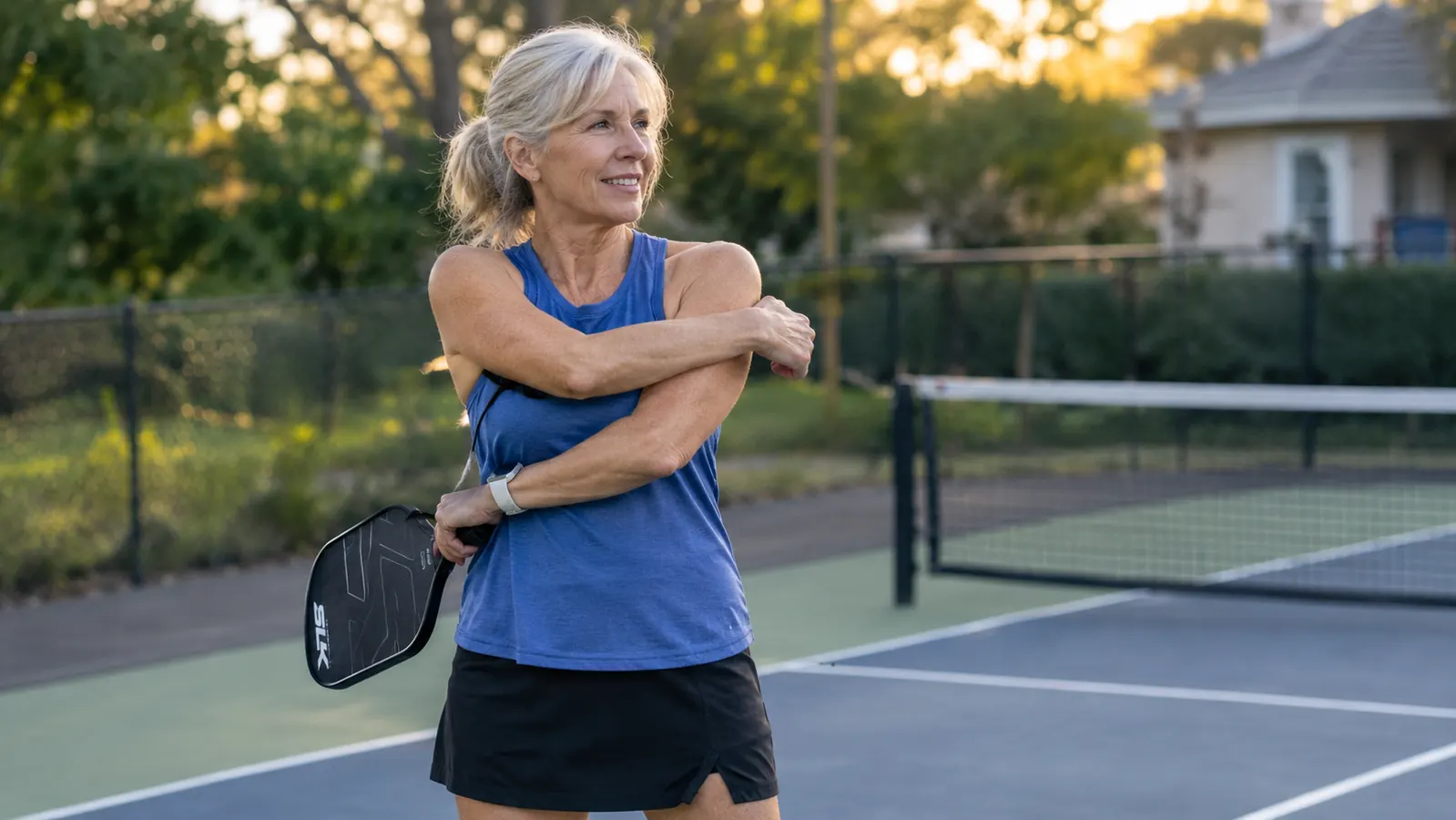 Woman stretching her arm after a pickleball game.