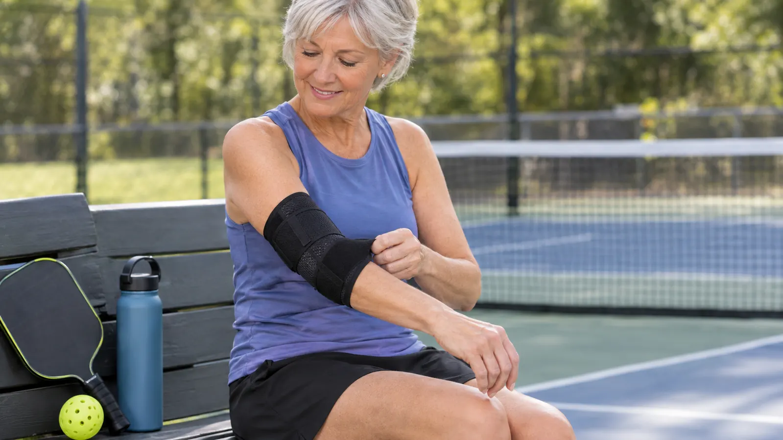 A woman in her sixties adjusting an elbow brace on her right arm at the sideline of a pickleball court